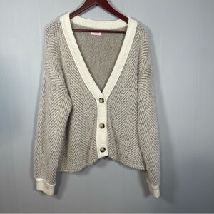 Herringbone Knit Cardigan XL Button Front Cozy Neutral Sweater Grandpa Oversized